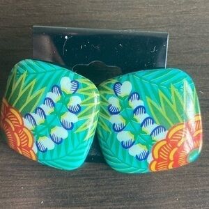 Green, blue, orange, floral square earrings.